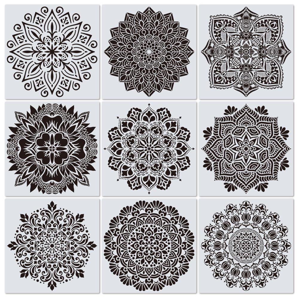 ZSUIQIN Pack of 9 12 * 12" Mandala Stencils, Reusable Dot Stencil Template, Inkjet Hollow Painting Drawing Stencils, for Painting on Wood, Stone, Fabrics, Metal, Furniture and Walls