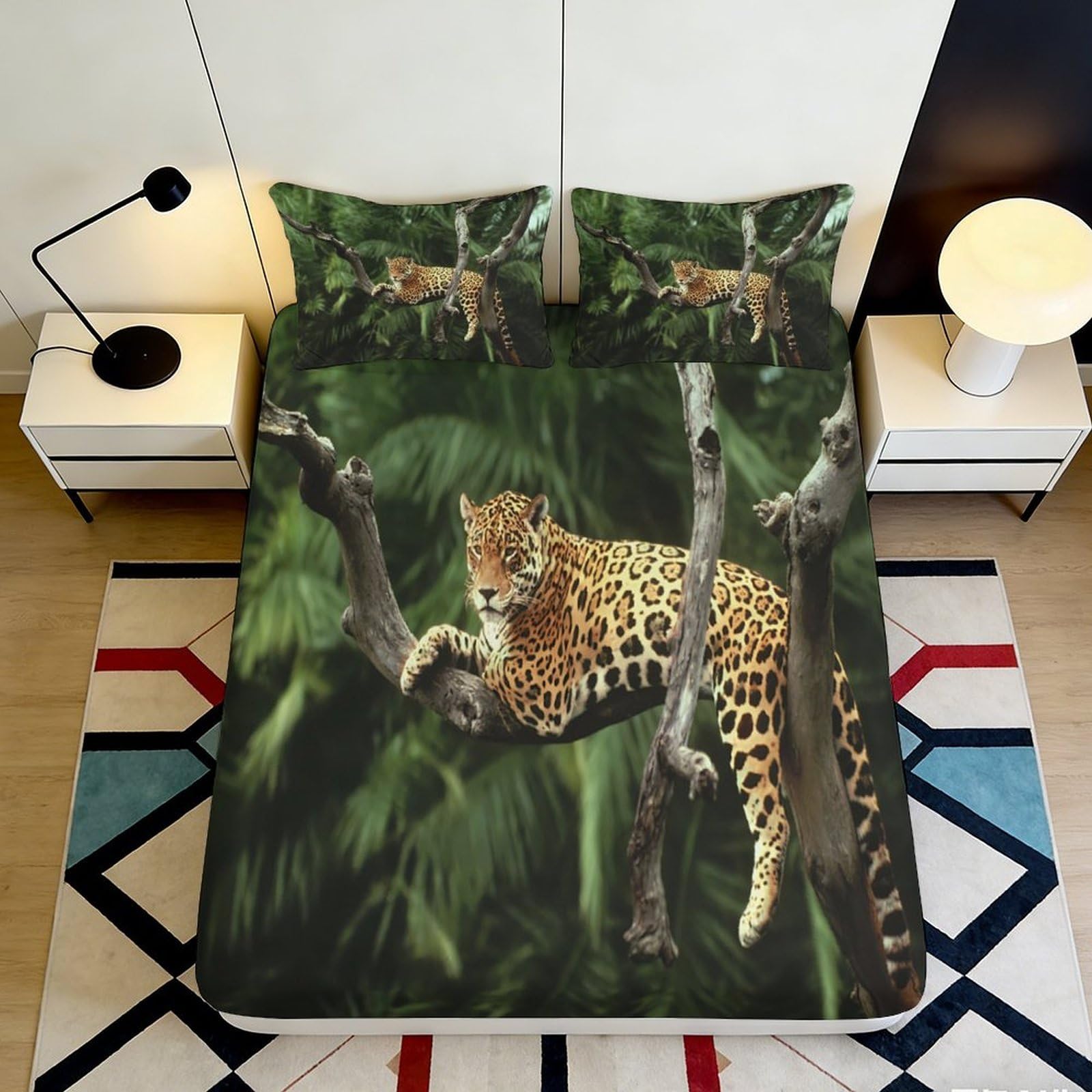 3D Printed Jungle Leopard Fitted Sheet Microfiber Deep Pocket Non-Slip Jungle Leopard Mattress Fitted Cover Full Wrap for Bedroom 90x200x25cm