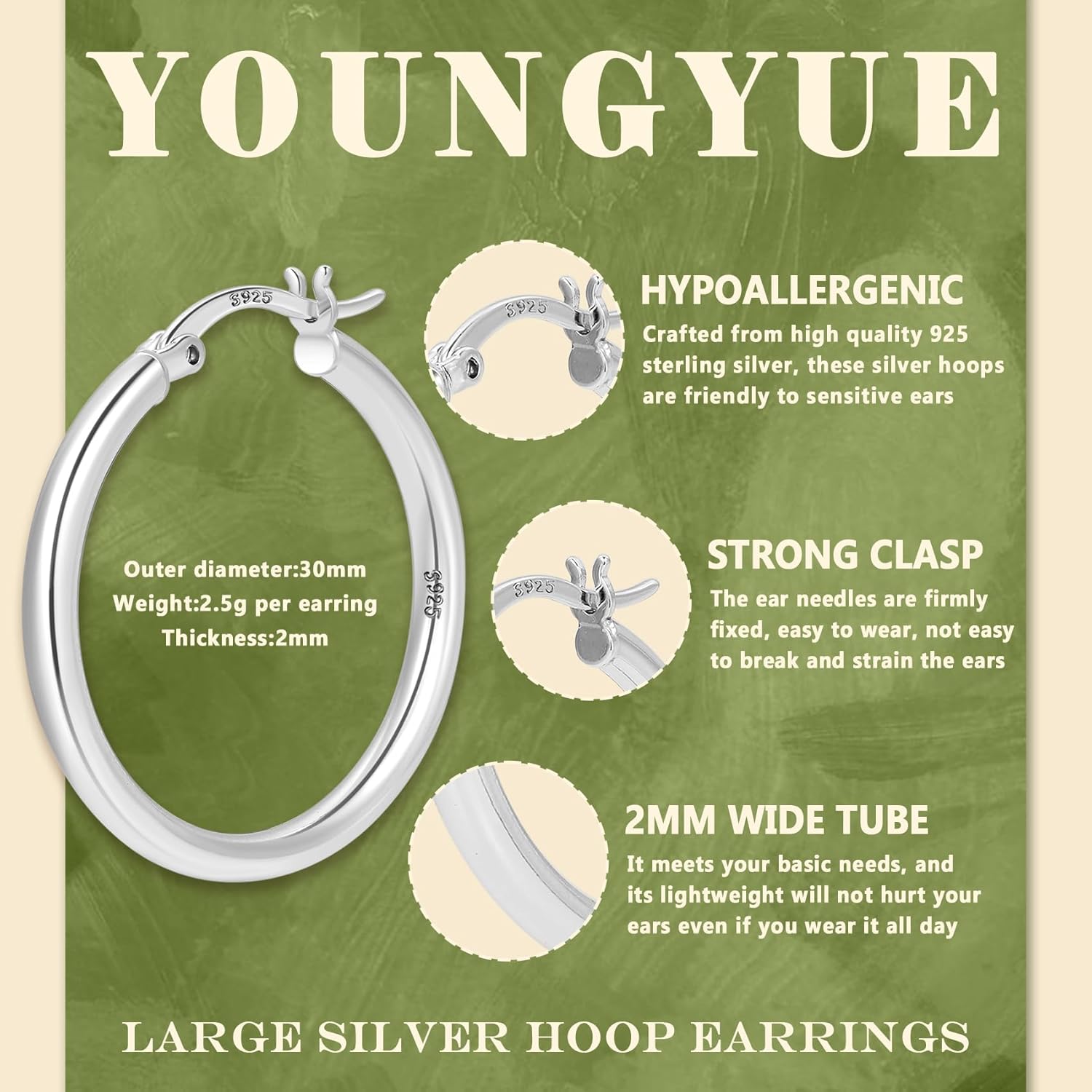 YOUNGYUE 925 Sterling Silver Hoop Earrings for Women Hypoallergenic Oversize 14K Gold Hoops Earrings for Women Thin Gold Plated Hoop earrings Lightweight Large Silver Hoop Earrings 20/30/40/50/60/70mm - Image 2