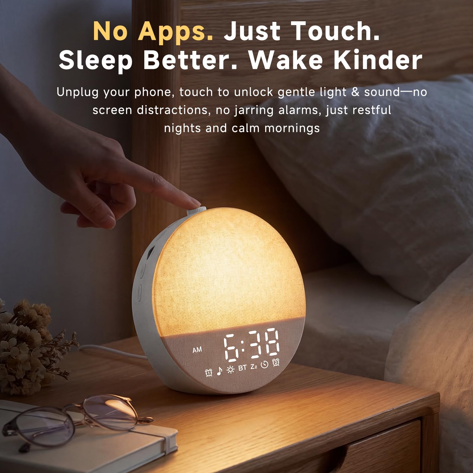 Geuuap Sonnenaufgangswecker mit weißem Rauschen | Natürliches Aufwachlicht für Schlafzimmer mit 30 beruhigenden Einschlafhilfen, Bluetooth-Lautsprecher, dimmbare Uhr, bildschirmfreies Design für Babys