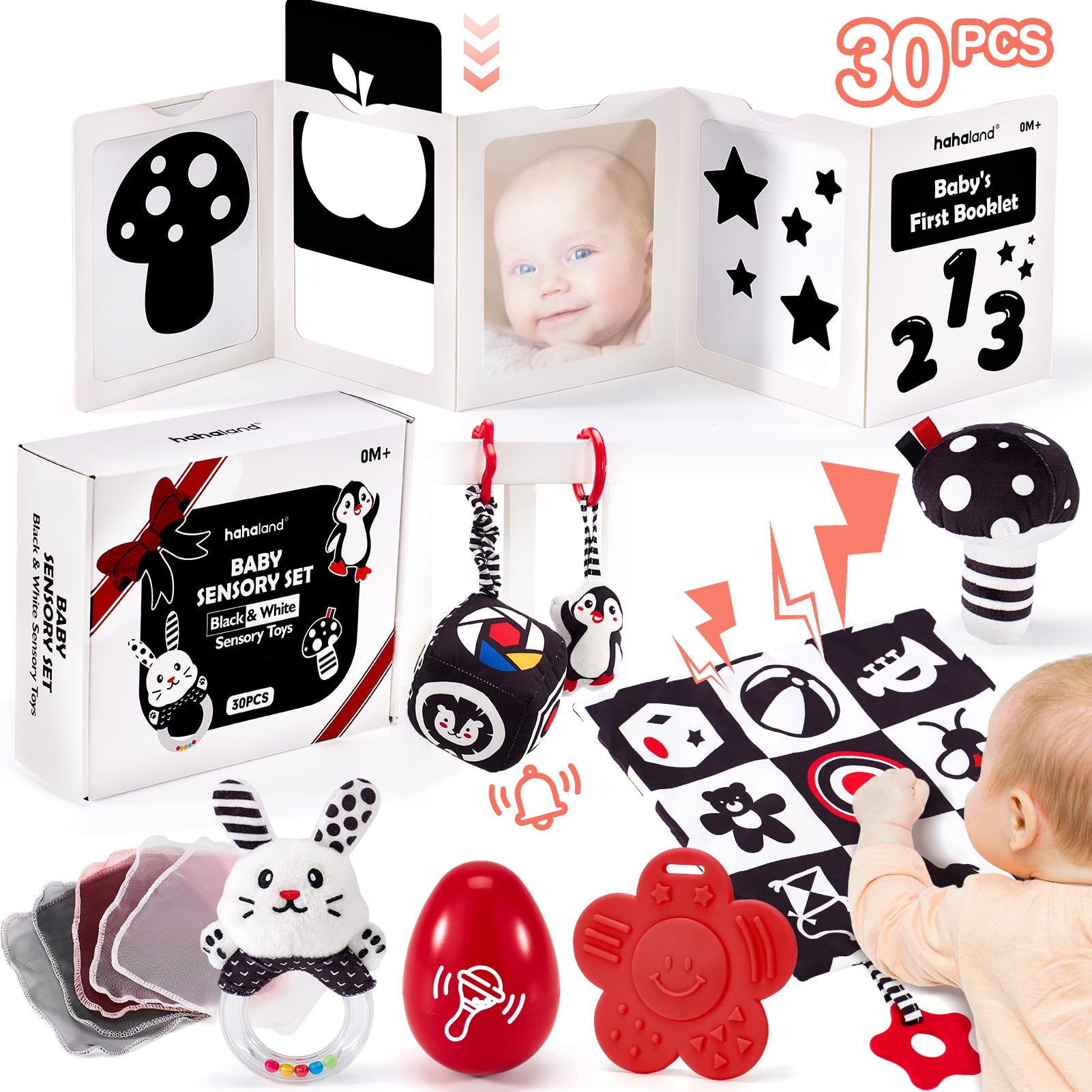 hahaland Jouet Bébé pour 0-3 Mois Carte Flash Blanc et Noir et Anneau Dentition Jouet Montessori pour Bébé Eveil 0-6 Mois Cadeau Naissance Garcon Fille