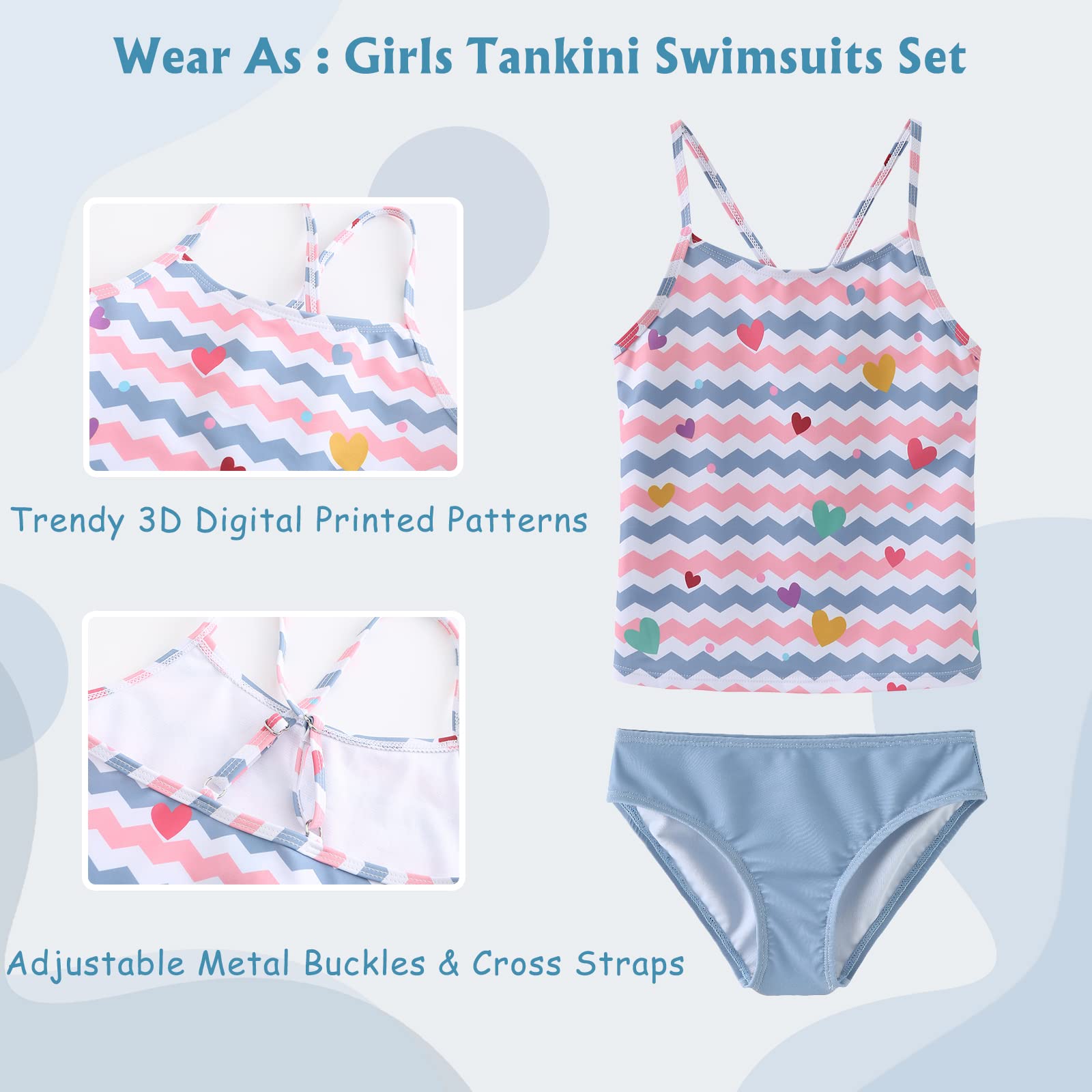 Maillot de bain 3 pièces pour fille - Maillot de bain 3 pièces - Maillot de bain à manches longues et short - Tankini pour filles de 5 à 16 ans