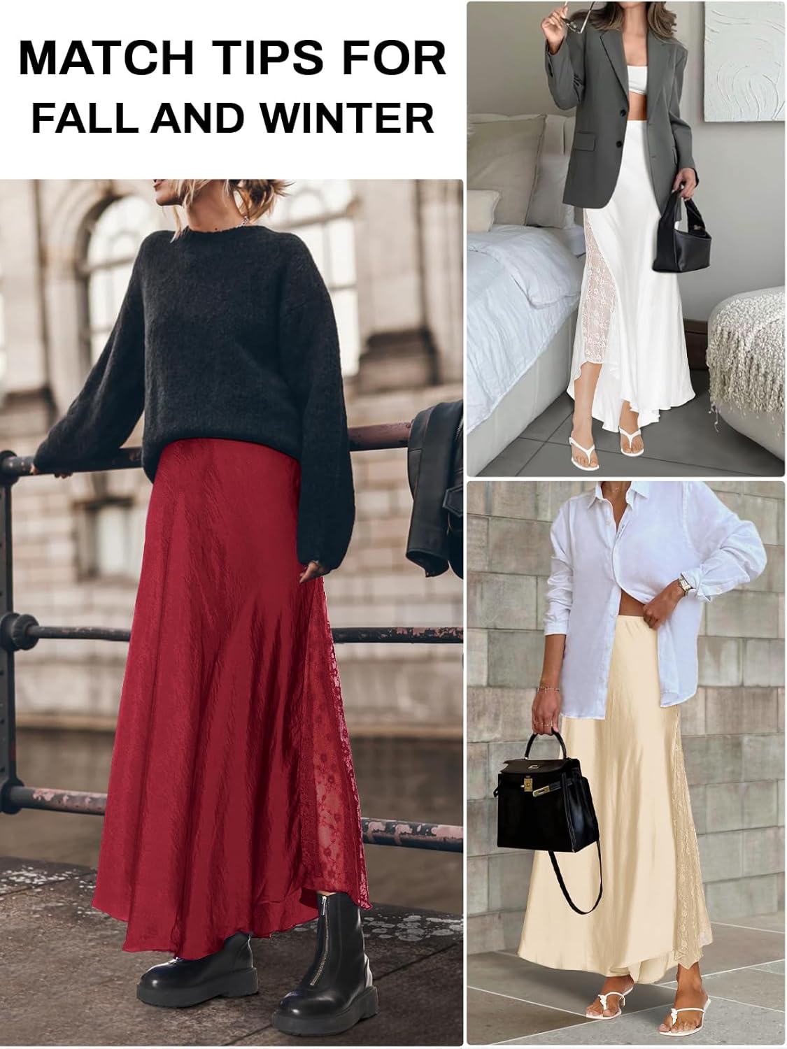 Womens Satin Skirts for Women Elegant A-line Cocktail Long Skirt High Waist Side Split Splicing Lace Midi Skirt