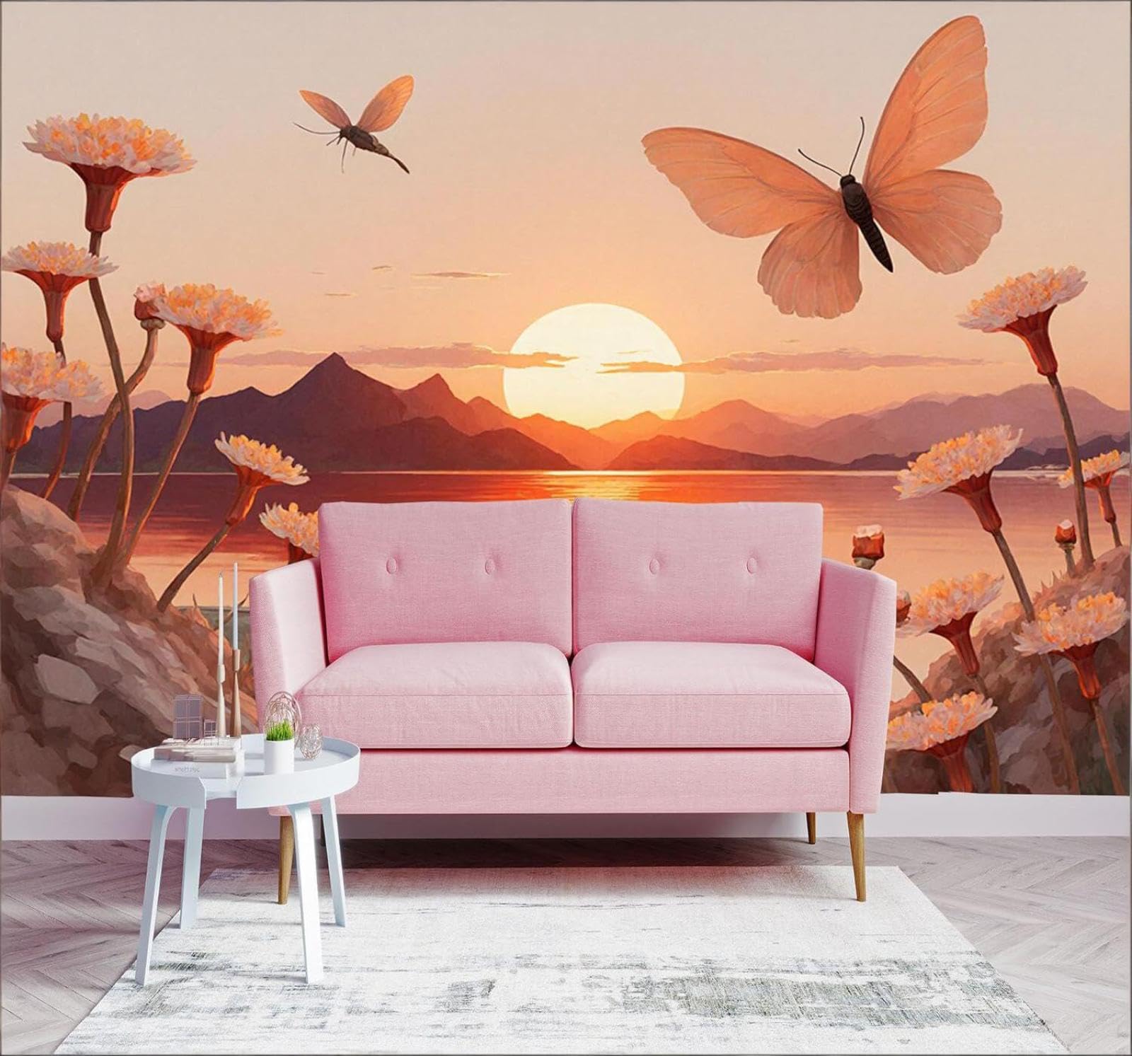 XLMING 3D Papel Pintado Lago Montañas Puesta De Sol Flores Mariposas