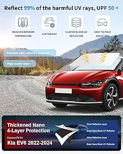 Sunshade for EV6 Windshield Sun Shade Custom Fit for Kia EV6 2022 2023 2024 2025 Accessories 2 Layers Front Window Shield Sun Visor 240T Material Windshield Cover Protector Block UV Rays Heat