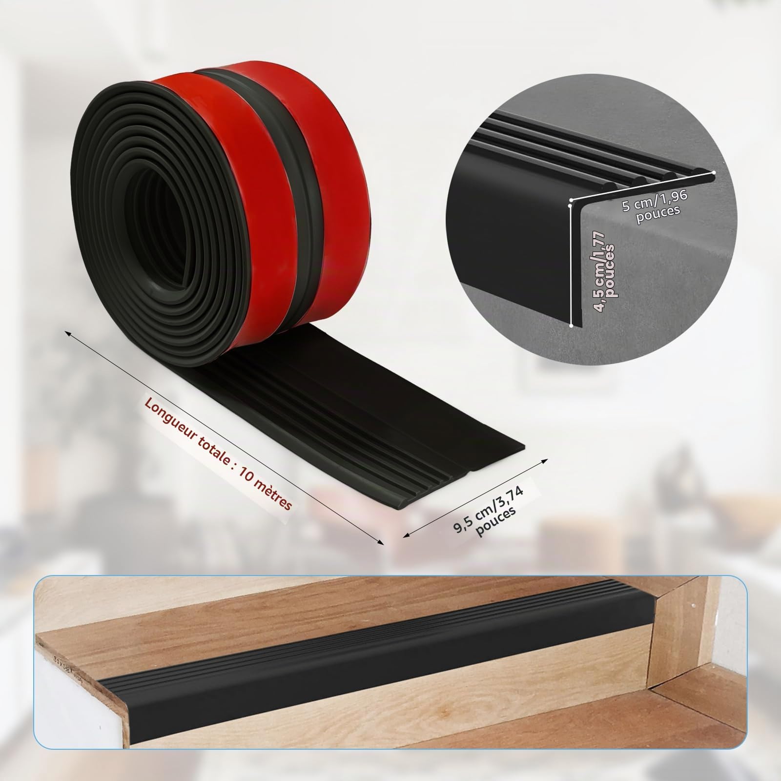 Nez de Marche Autocollant en PVC,10m Protection des Bords d'escalier avec Fonction Antidérapante,pour protéger contre les chutes Idéal pour l'intérieur et l'extérieur(Noir)