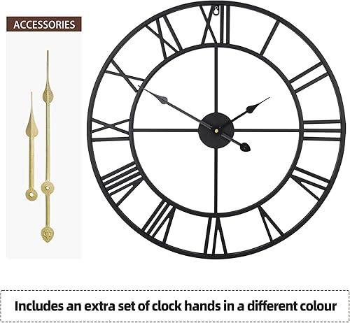 Vista 12 de Large Wall Clock, Metal Retro Roman Numeral Clock, Modern Round Wall Clocks Almost Silent, Easy to Read for Living Silver