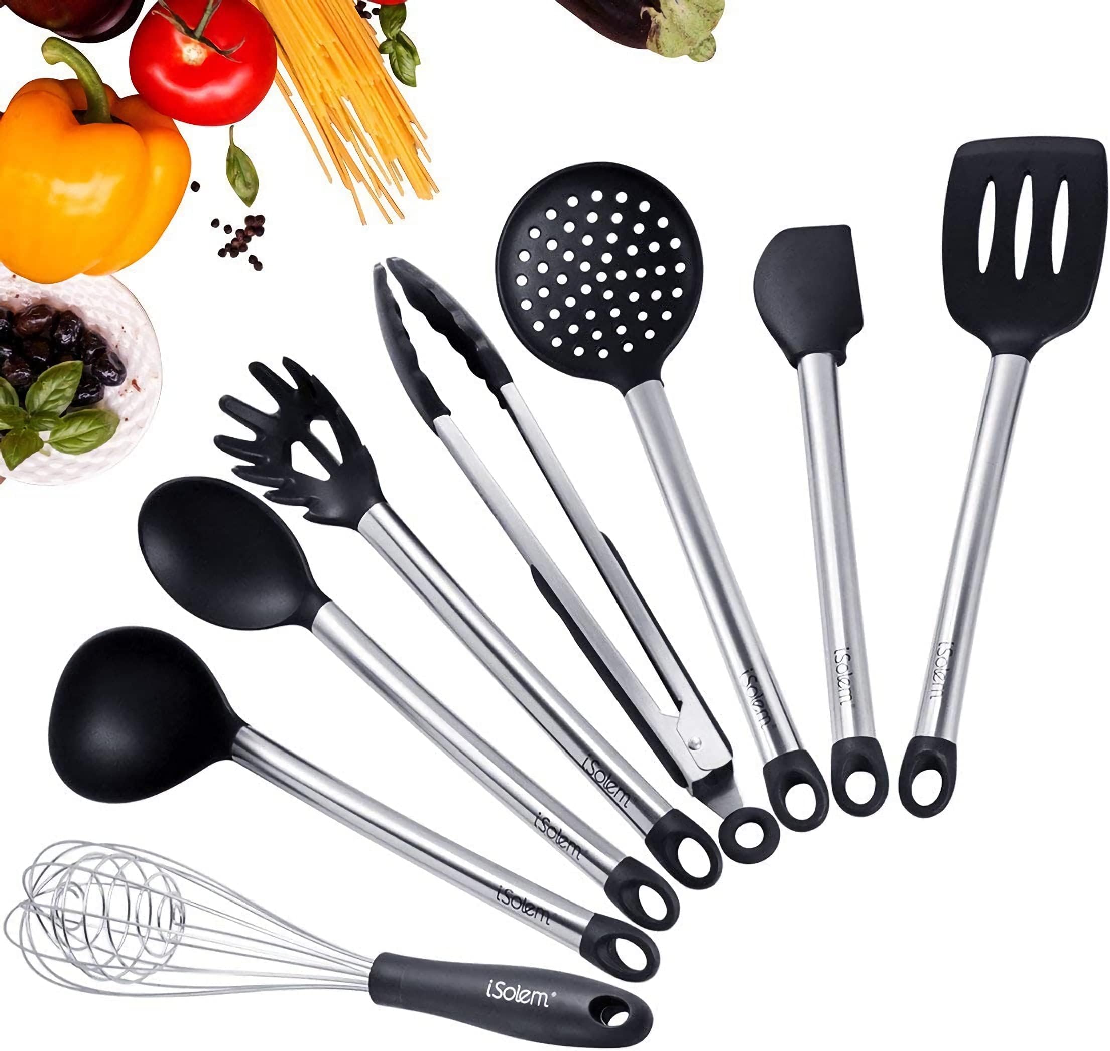 Silicone Kitchen Utensils, iSolem 8 Piece Cooking Utensils Set Nonstick Stainless Steel Kitchen Tools – Serving Tongs, Spoon, Flex Spatula, Pasta Server, Ladle, Strainer, Whisk, Spatula Tool