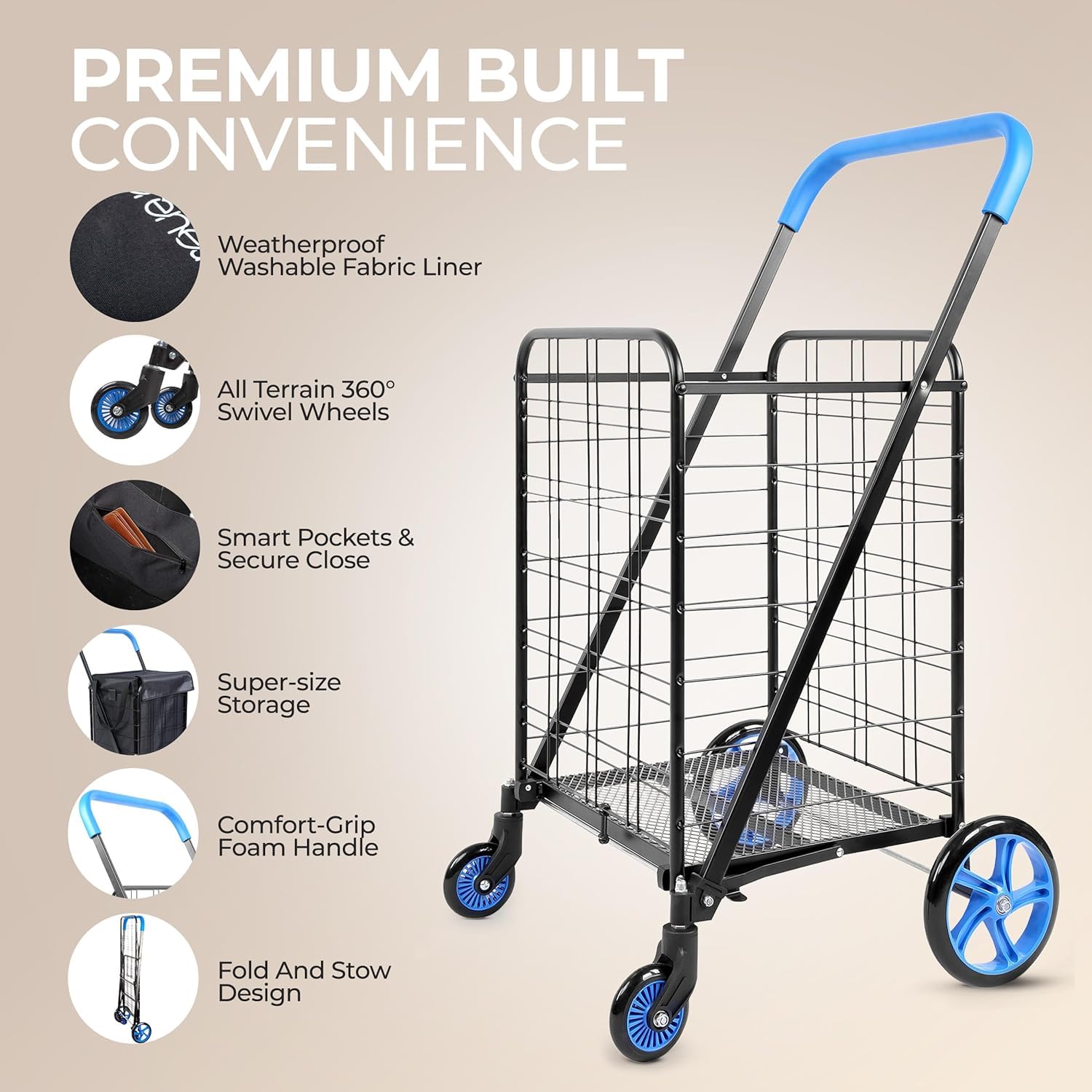 serenelife small compact folding shopping cart with removable waterproof liner – 360° swivel wheels, rust?proof steel frame, 70lb capacity – portable grocery, laundry & travel cart (blue)