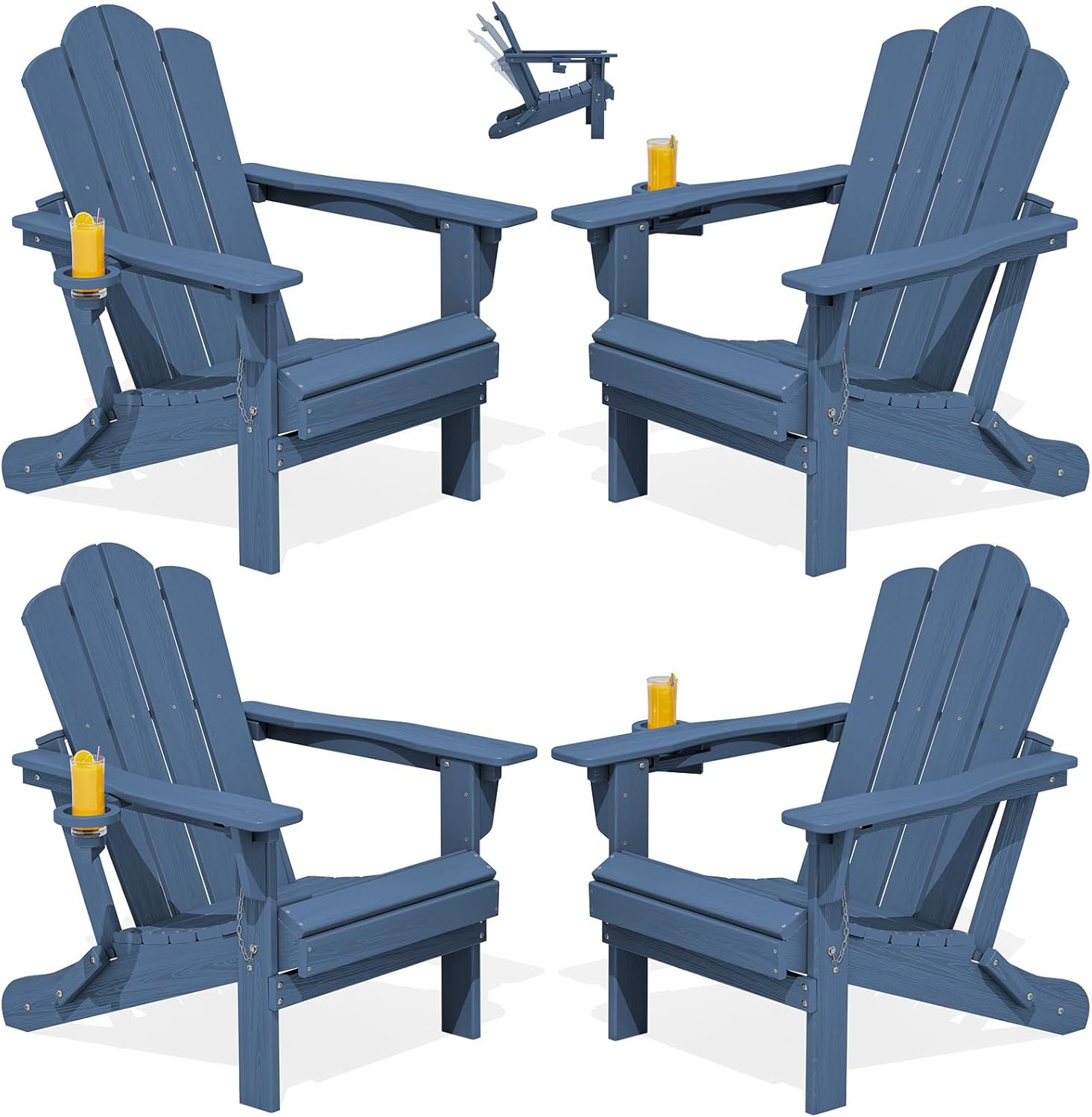 KINGYES Adjustable Folding Adirondack Chair Set of 4, 3-Position Reclining Adirondack Chairs with Cup Holder, HDPE All-Weather Oversized Adirondack for Outdoor, Patio, Backyard Deck, Fire Pit, Blue