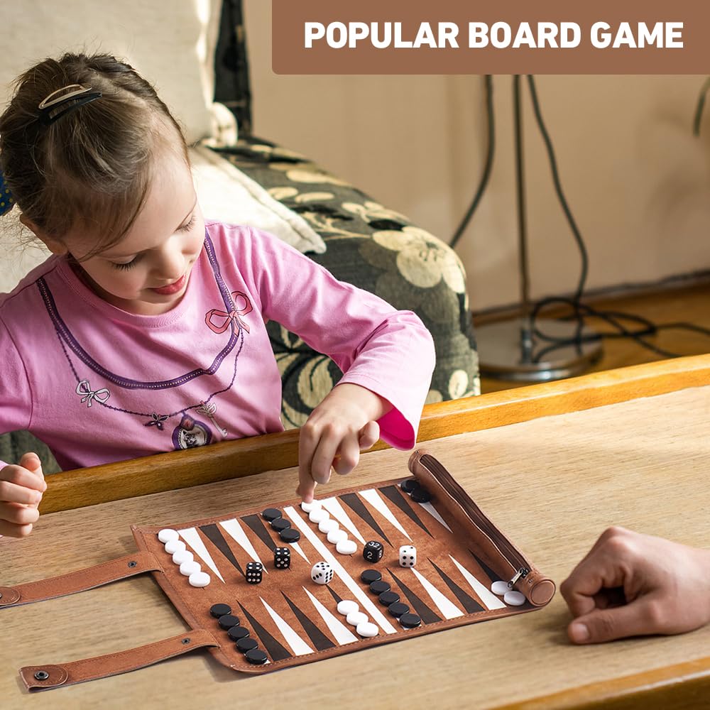 Backgammon de Voyage, Set de Backgammon avec Pierres et Dés, Jeu de Voyage à Enrouler pour Les Voyages et Les Déplacements, Extérieur en Cuir, Haute Qualité