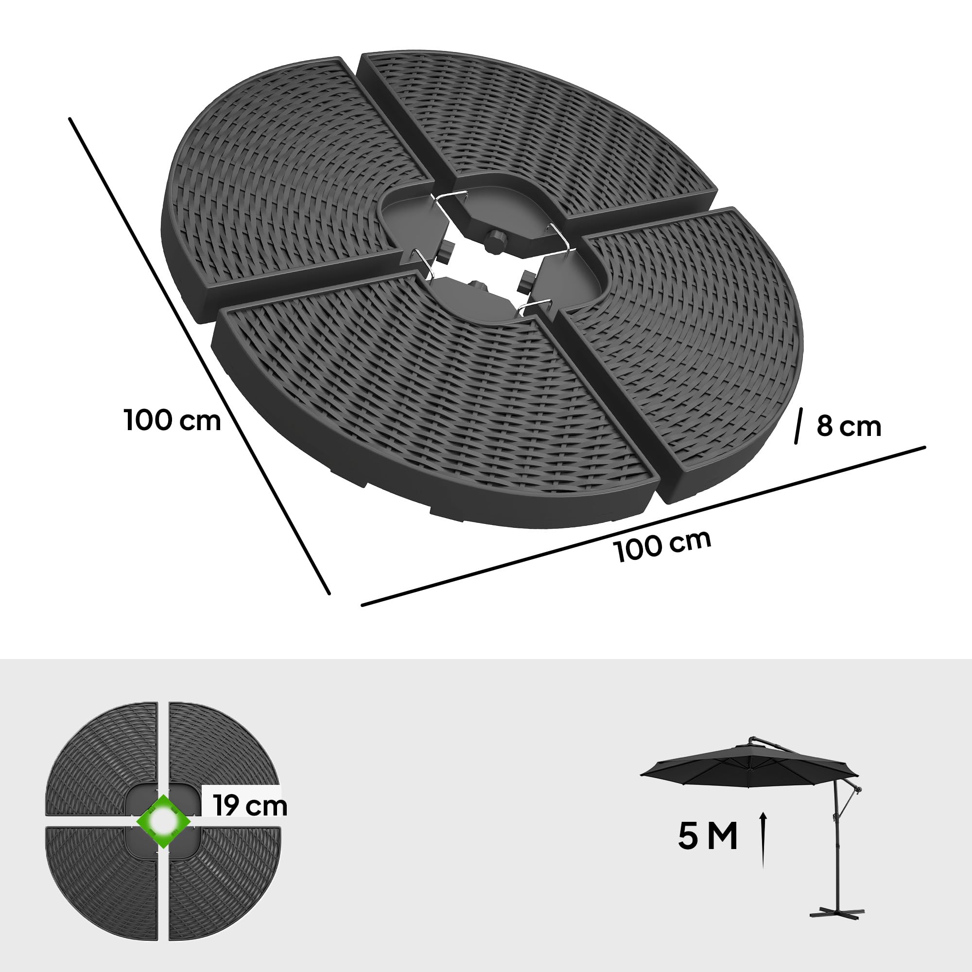 Outsunny Base per Ombrellone a Braccio da 4 Pezzi in HDPE Riempibili con Acqua e Sabbia, Ø100x8 cm, Nero