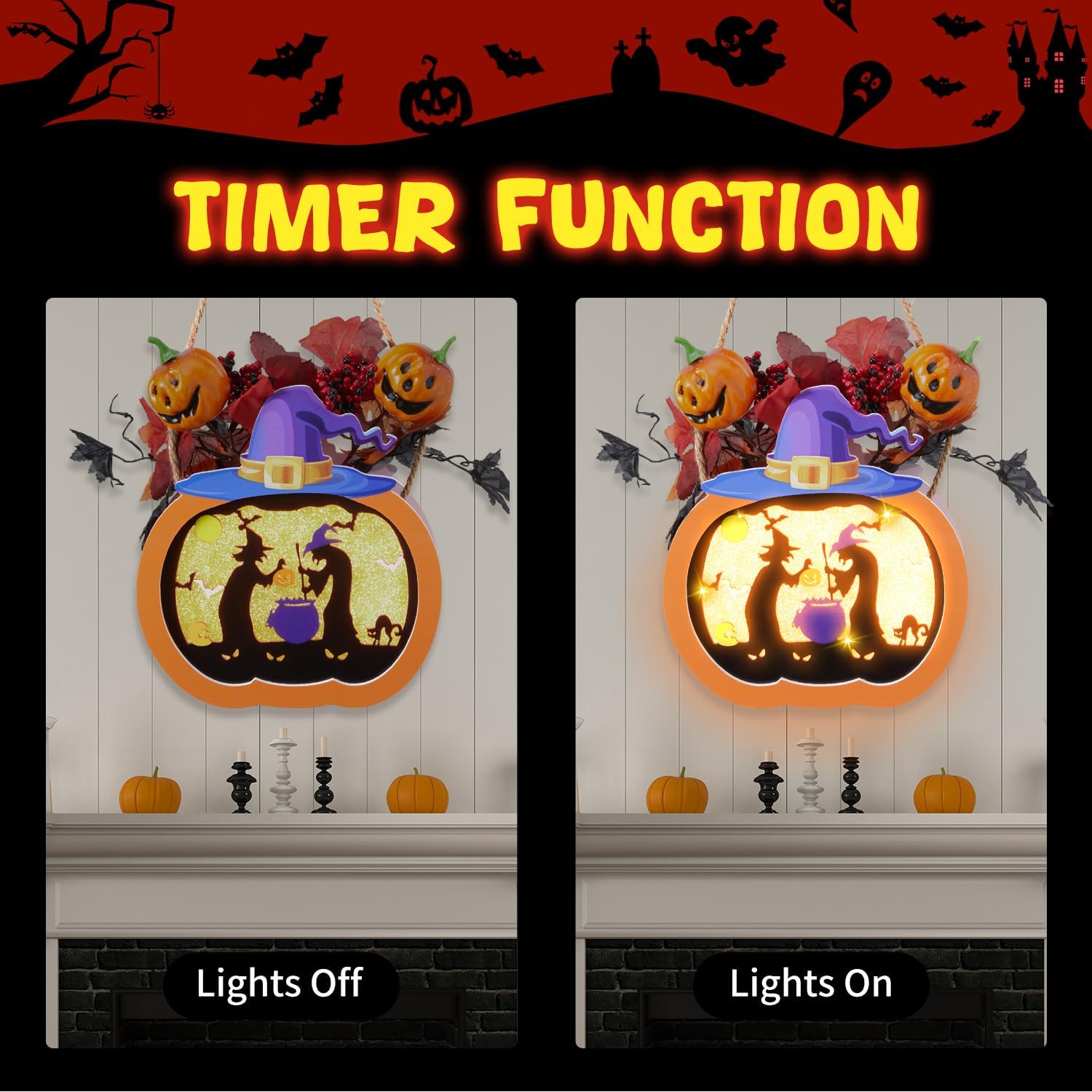 ライト付きハロウィンパンプキンサインデコレーション、ブラックメープルリーフベリーハンギングデコレーションオレンジLEDライト付き、2