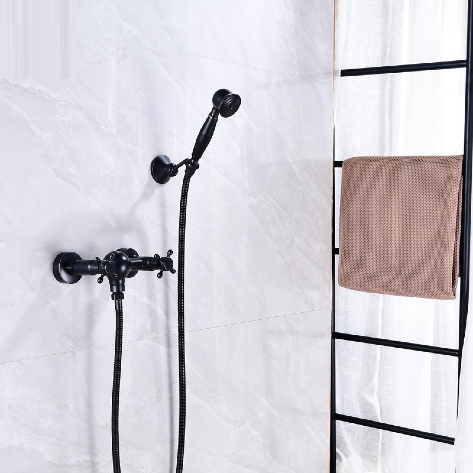 Fanjubei Black Ancient Plane Bathroom Simple Hot And Cold Water Handheld Copper Shower Shower Set, Black Antique Flat Surface