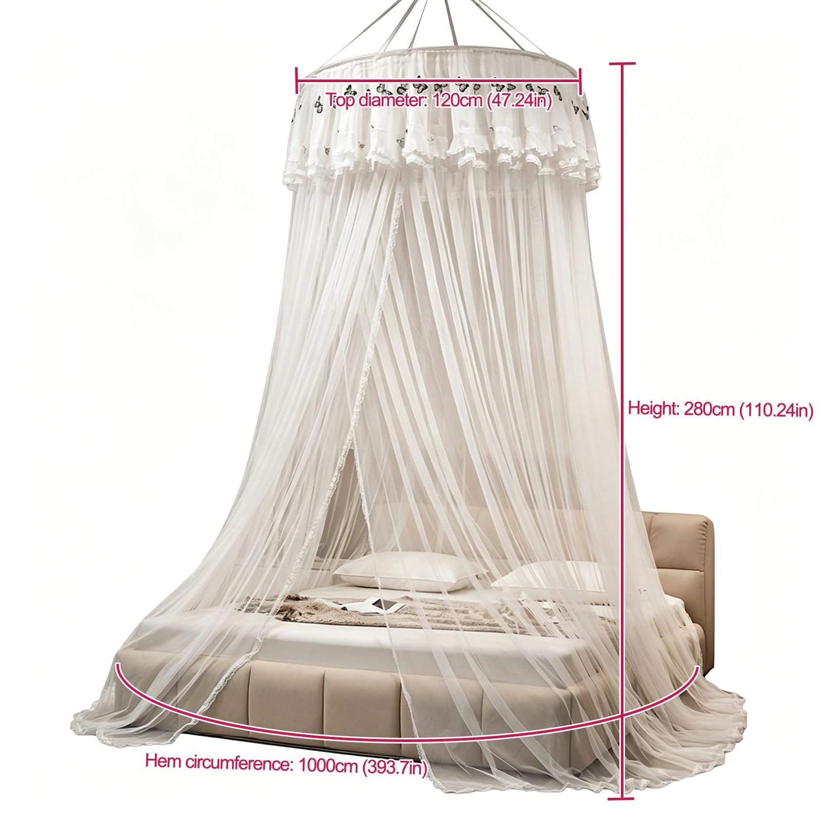 SARKEY Transparenter Netz Kuppel Bettvorhang,Prinzessinnen Betthimmel,Hängende Bettnetzabdeckung Für Schlafzimmer,Runde,Eleganter,Erwachsene,Hochzeit Dekoration