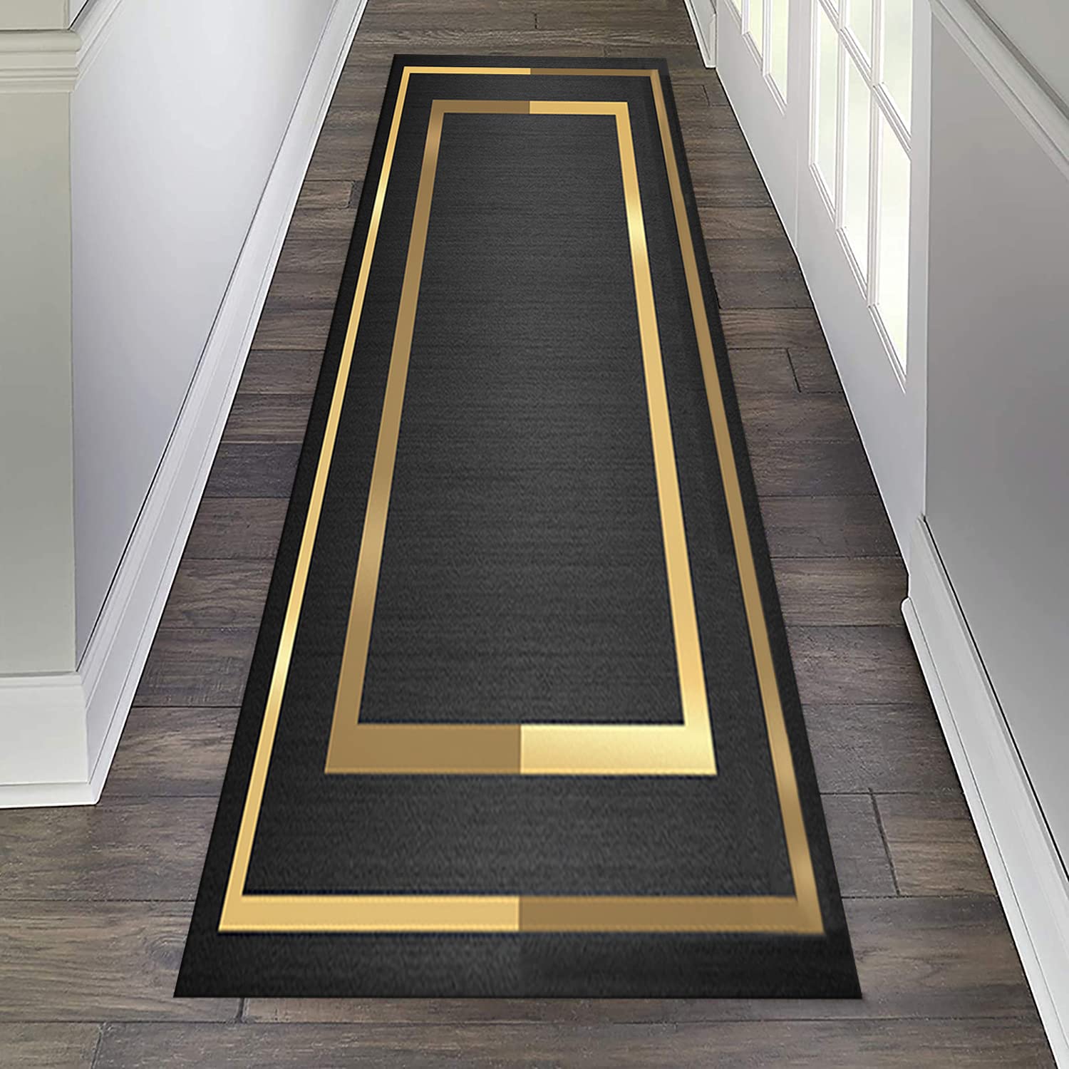 Tapis de couloir moderne lavable et antidérapant avec élégante bordure dorée