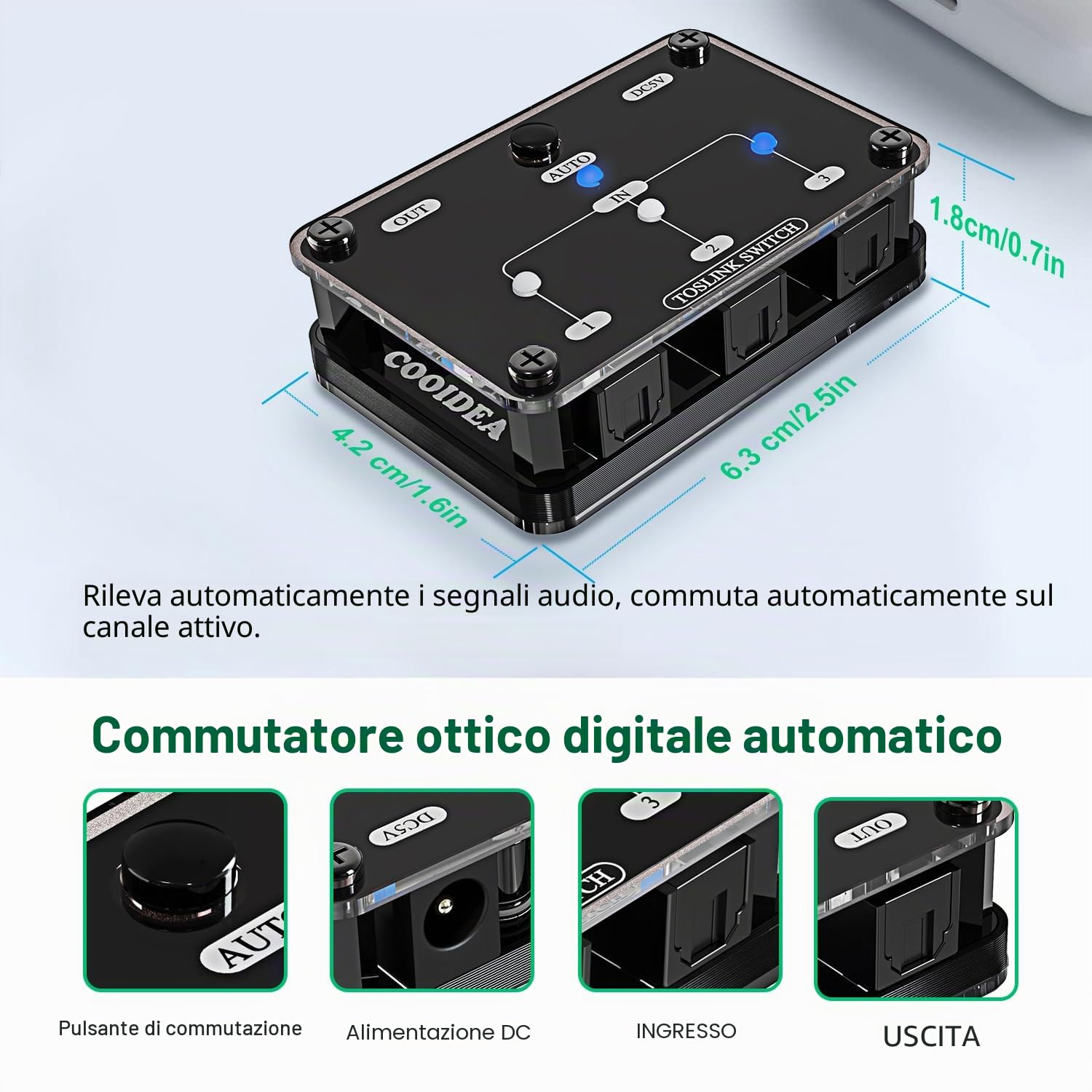 COOIDEA Toslink Audio Switcher Ottico Digitale Automatico 3 in 1 out con Telecomando Wireless Supporta 192k/24Bit PCM2.0 DTS Dolby-AC3 Compatibile con TV/Xbox/Lettore Blu-Ray/PS