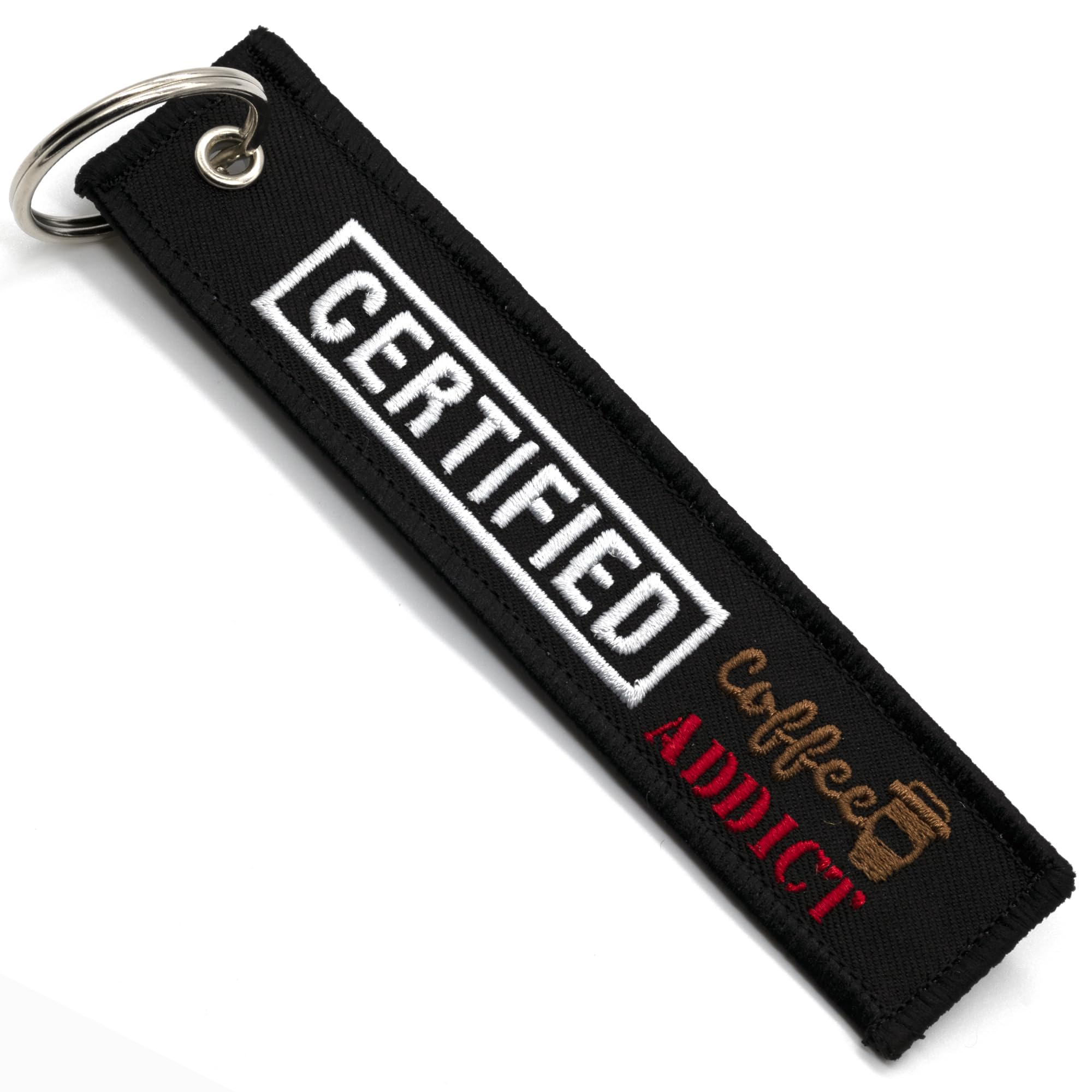 CERTIFIED COFFEE ADDICT fabric motorcycle key fob, gift for bikers