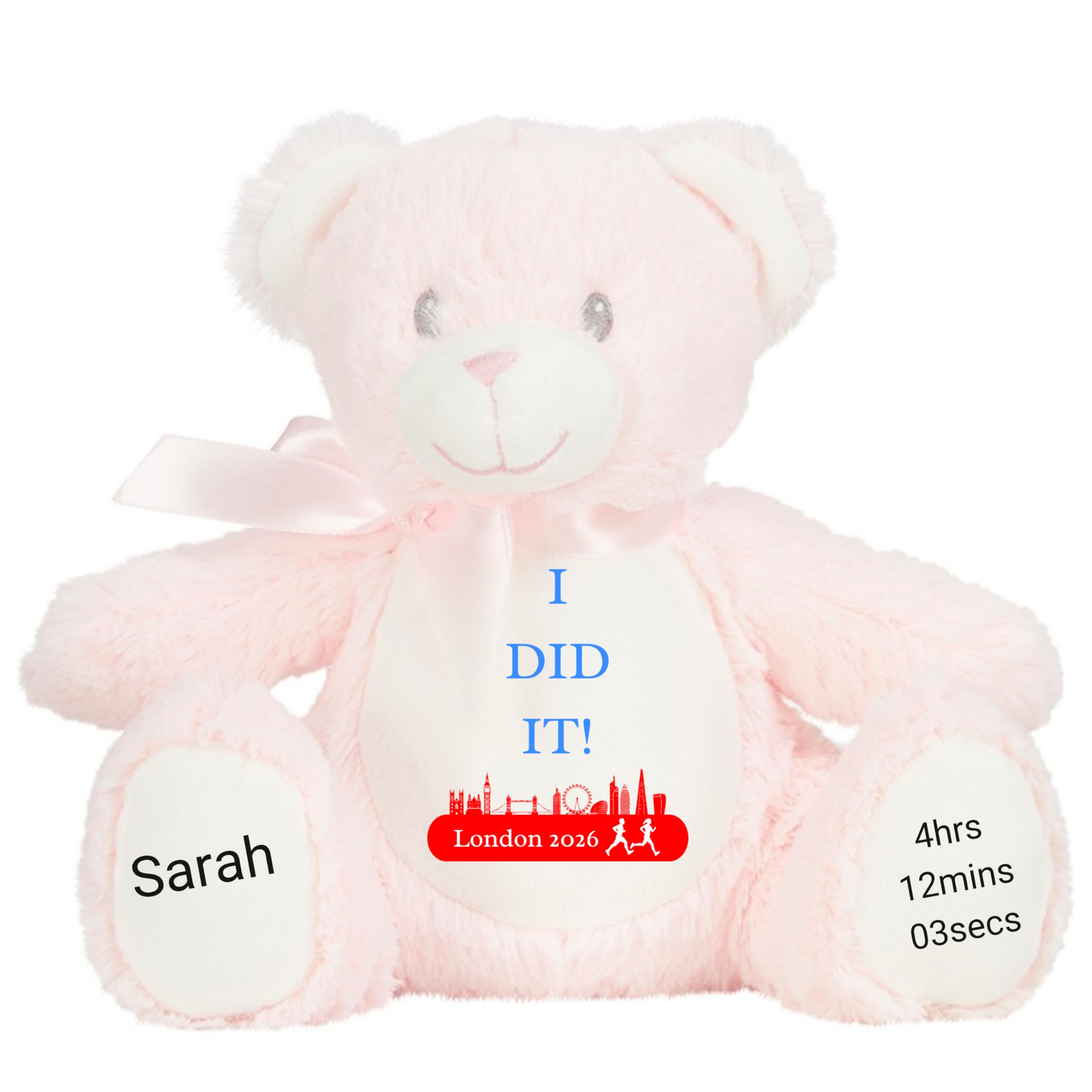HotScamp Marathon Gift Cuddly Toy - Personalised London 2026 Teddy I Did It Customised Runner Running Finish Medal Congratulations Well Done Run Soft Cuddly Plushie - Pink Teddy