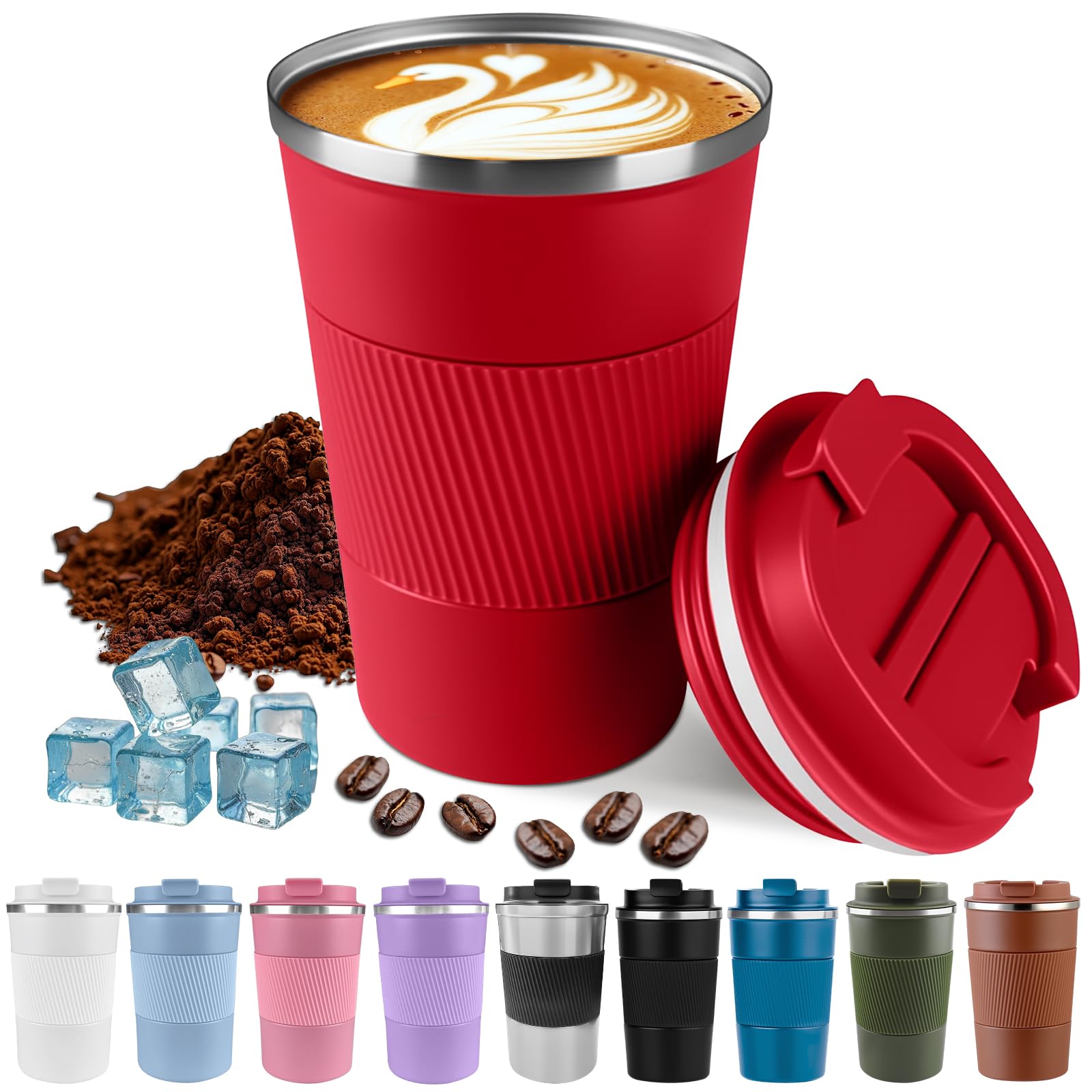 Insulated Coffee Cup with Lid, Leak-Proof Travel Coffee Mug, Reusable Stainless Steel Vacuum Thermos Tumbler, Thermal Insulation Cup for Hot & Cold Drinks for Men & Women (3rd-Red, 380ml)