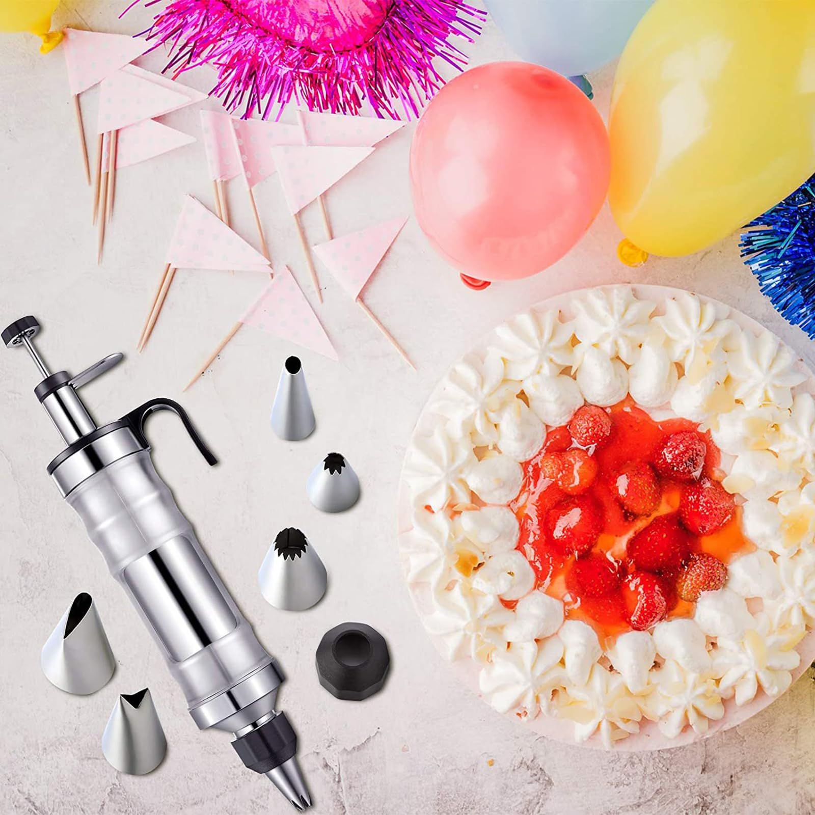 Spritztüllen-Set aus Edelstahl, Spritztüllen und Tüllen-Set für Cupcakes, Kekse, Kuchen, Dekoration, Spritztülle, Zuckerguss-Spritze, wiederverwendbar, DIY-Backwerkzeuge mit Sahneschaber und 6