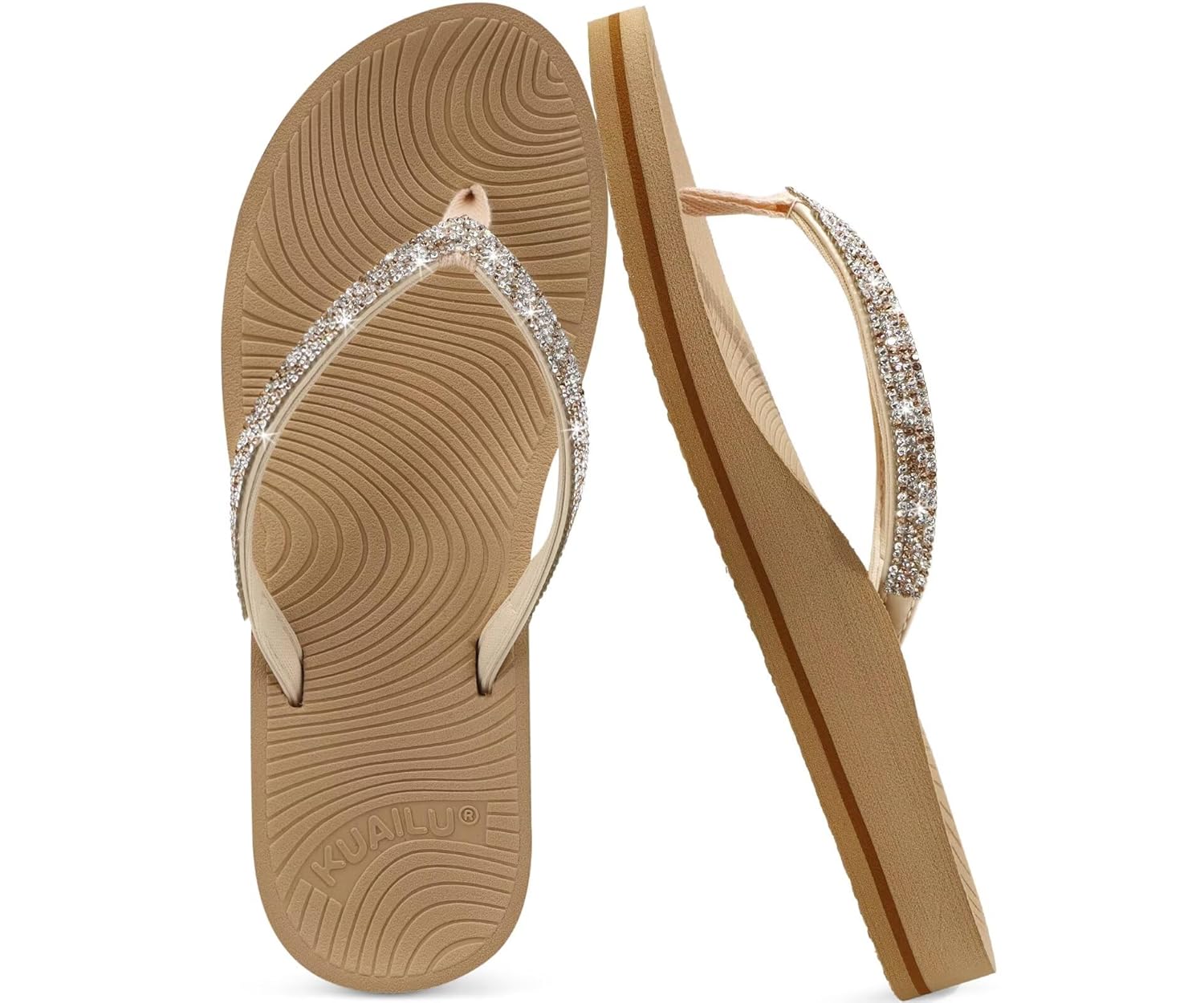 KuaiLu Womens Rhinestone Flip Flops with Comfort Arch Support Yoga Mat Cushion Sandals Fashion Summer Beach Travel Orthotic
