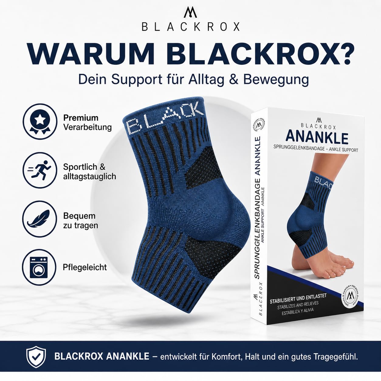 BLACKROX SPRUNGGELENKBANDAGE ANANKLE – Knöchelbandage für Damen & Herren – Fußbandage zur Stabilisierung beim Sport, Fußball, Joggen & Training – Blau/Gr. M