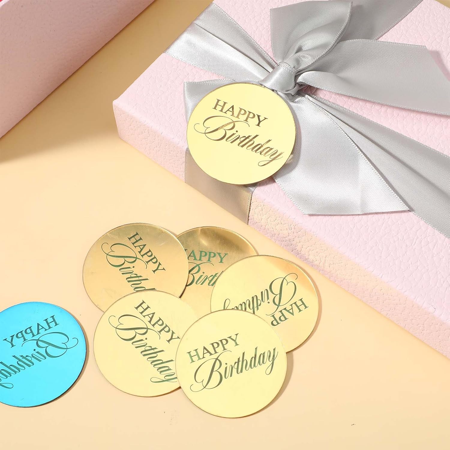 20 Pcs Gold Mirror Acrylic Cupcake Toppers, Round Engraved Cake Picks Personalized Cake Disc Decorations for Halloween Birthday Party DIY Decorative Supplies