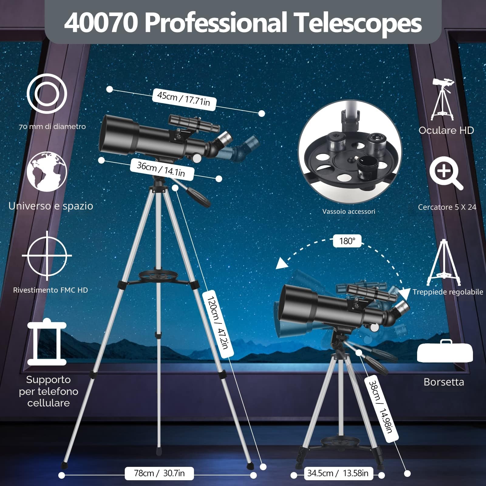 Telescopio, Astronomia Telescopio Professionale 70/400mm per Principianti con Cannocchiale 5 x 24 e Treppiede, Refrattori Telescopi per Bambini Adulti, per Luna Pianeta Guarda(Nero)