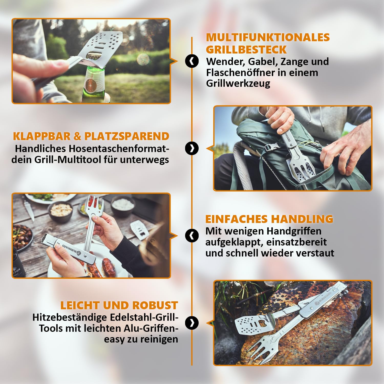 BURNHARD® Grillbesteck 4-in-1, Multitool inkl. Grillwender, Grillgabel, Grillzange und Flaschenöffner