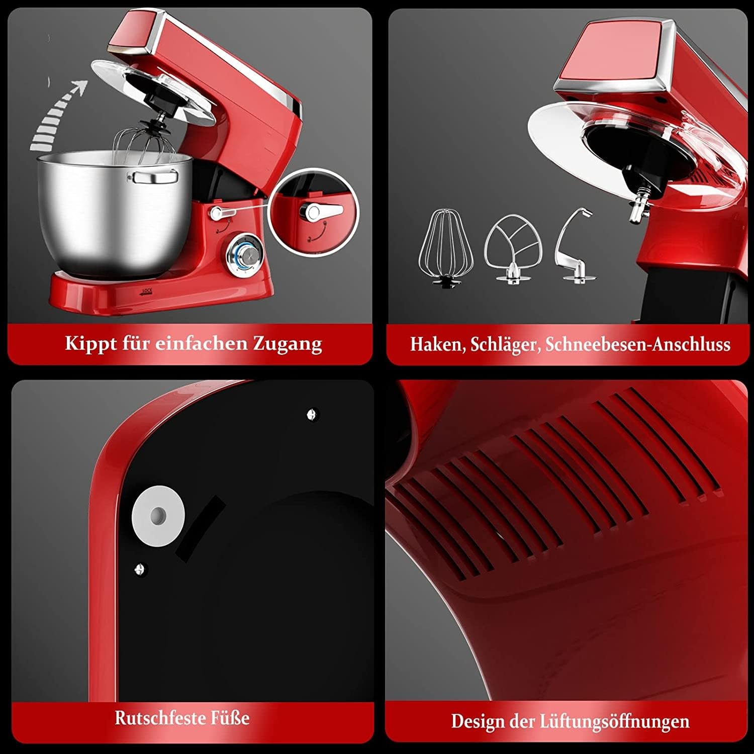 ROYALTY LINE, Procesador de Alimentos Multifunción 2100W Rojo RLPKM2100-RED, Tazón de Acero Inoxidable 7.5L, Accesorios Incluidos: Batidor, Batidor, Gancho, Protección contra Salpicaduras
