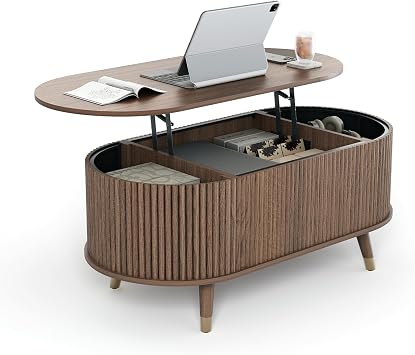 JOINICE Walnut Lift Top Coffee Table with Storage for Living Room,Oval