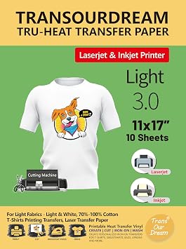 TransOurDream Iron on Heat Transfer Paper for White Light T Shirts 10 Sheets, 11x17", Light 3.0 Printable HTV Heat Transfer Vinyl for LaserJet & Inkjet Printers