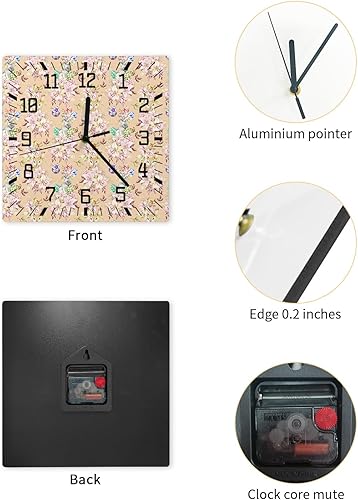 Miniatura 2 de Easter Wooden Wall Clock Silent Non Ticking, Bunny Easter Egg Spring Flower Leaf Beige Square Wall Clock Battery Operated, Decor Clock for Home