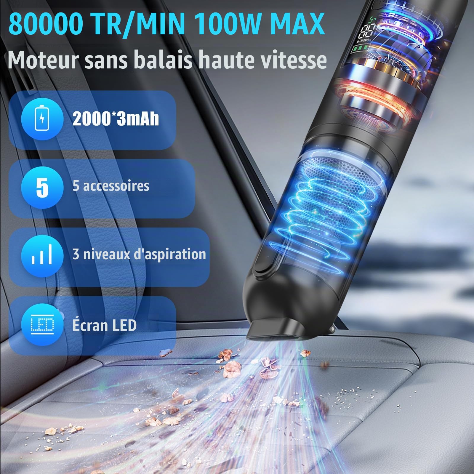 Journeyside Aspirateur à Main pour Voiture, 16000PA Aspirateur à Main sans Fil, Aspirateur pour Voiture 2 en 1, Écran de Batterie LED, 3 Niveaux D'aspiration pour Nettoyage Recoins et Ppetits Débris
