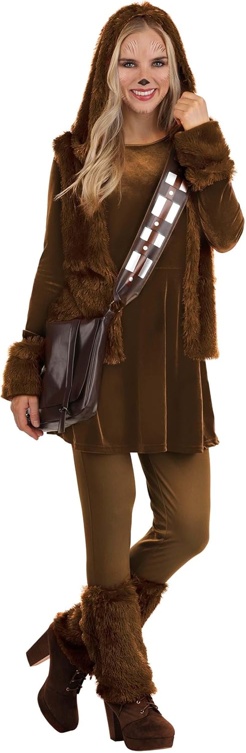 Womens Deluxe Star Wars Chewbacca Halloween Costume Dress with Hooded Vest, Leggings, Wrist Bands, Legwarmers, and Bag