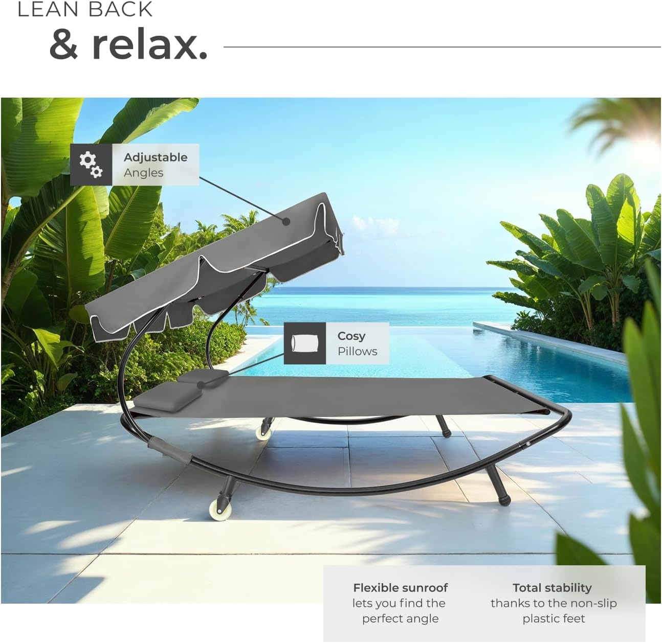 Sun lounger with adjustable canopy and pillows by a pool