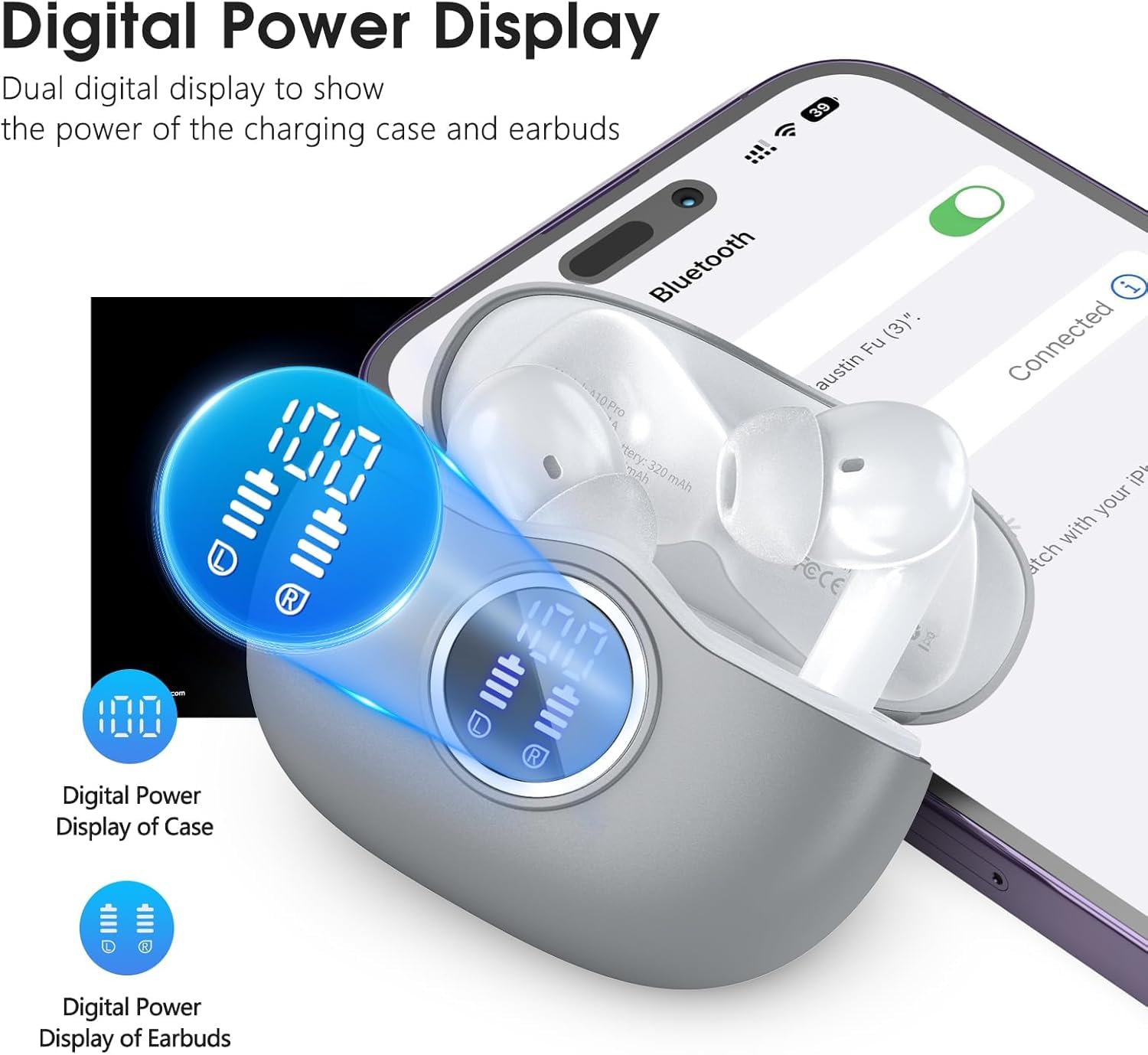 Cuffie True Wireless Bluetooth 5.4 Con 4 Microfoni ENC, 48 Ore Di Autonomia, Display LED, 13 Mm Driver, IP7 Impermeabili, Nere, Leggere 3,6 G