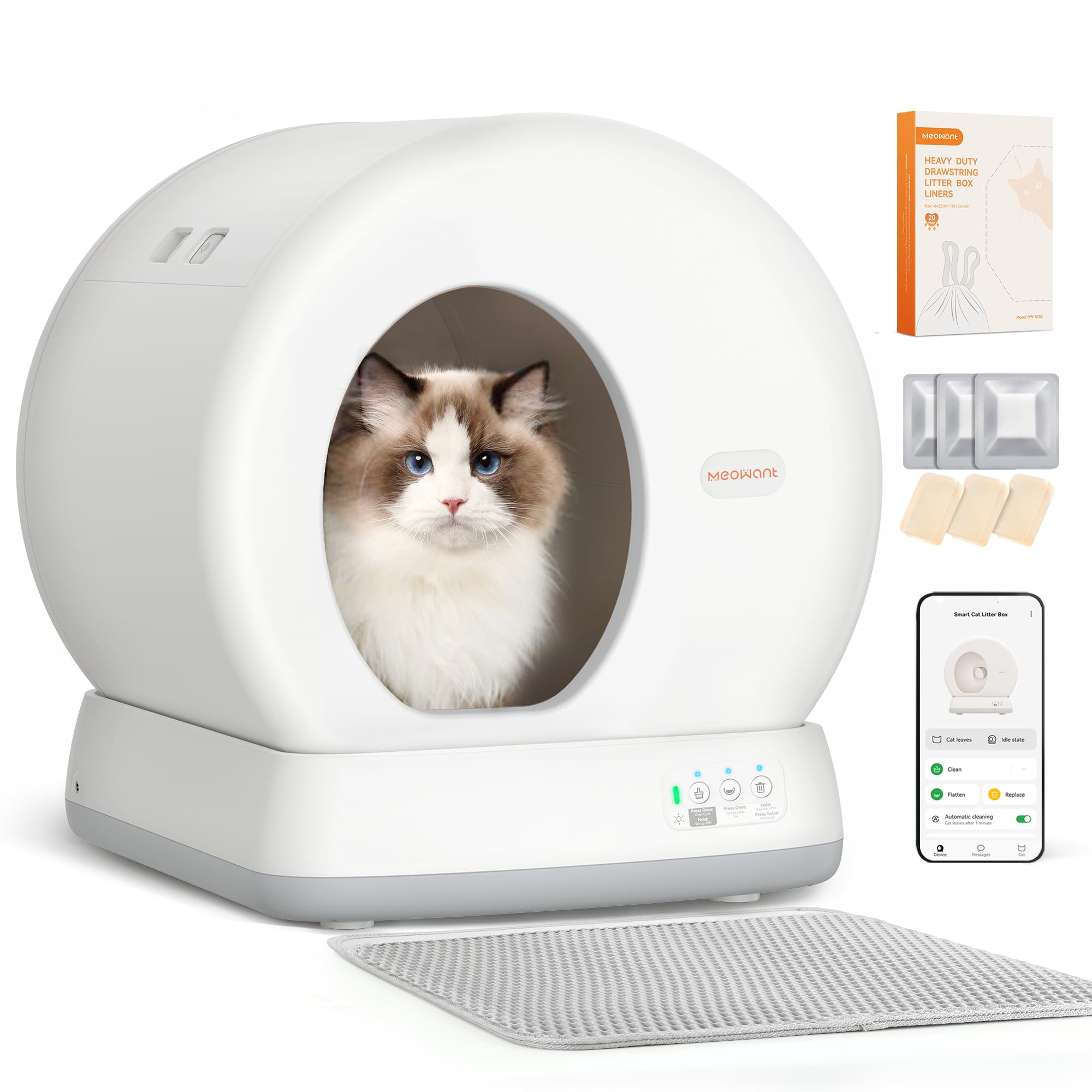 MeoWant Self Cleaning Cat Litter Box, Automatic Cat Toilet, Anti-Pinching, Closed Litter Tray for Large and Multiple Cats, APP Control, Robot Litter Tray, Odor Litter with Mat