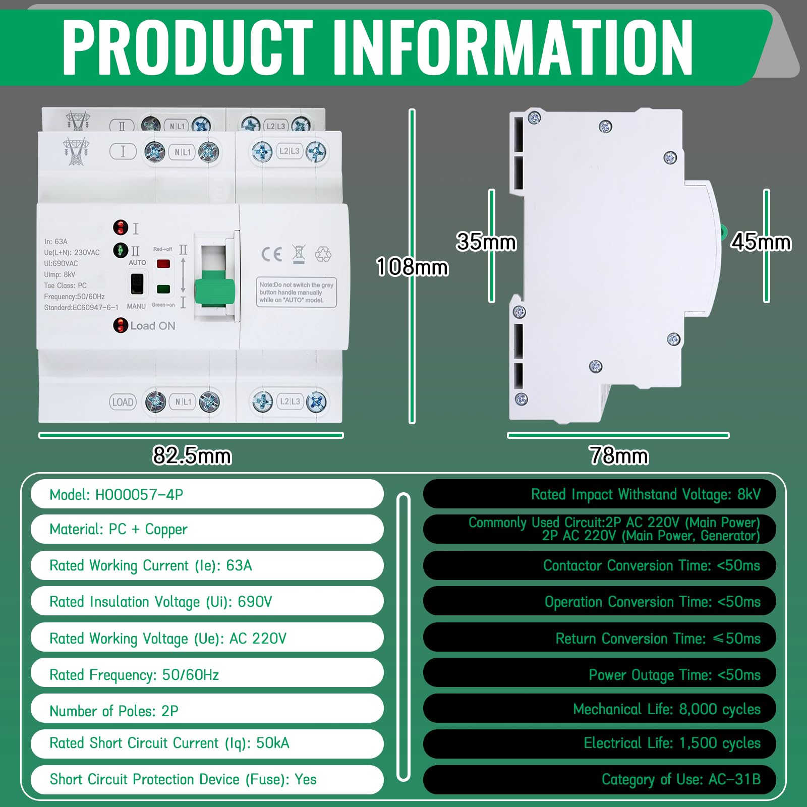Automatischer Transferschalter ATS 4P 63A 400V Hutschiene Dual Power Umschalter Dreiphasen