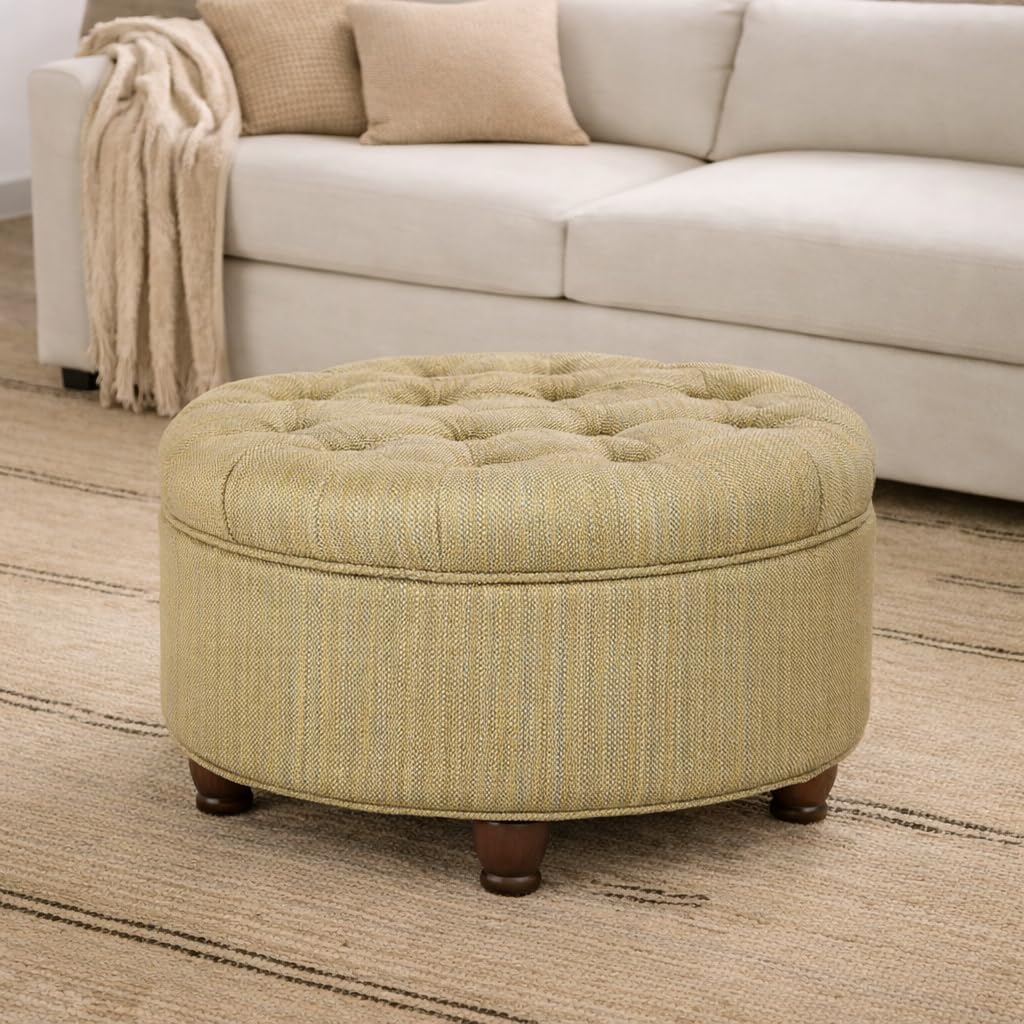 Homepop Home Decor |N8264-F1077 | Large Button Tufted Woven Round Storage Ottoman | Ottoman with Storage for Living Room & Bedroom, Tan & Cream Tweed