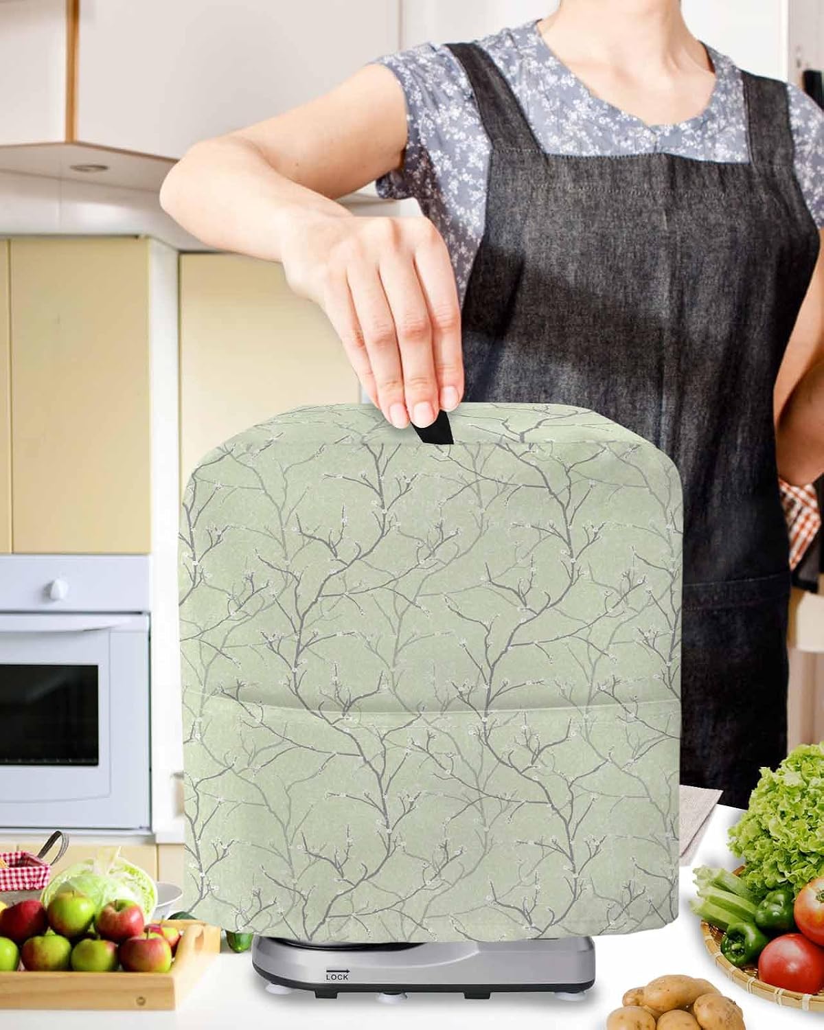 Sage Green Branches Stand Mixer Cover with Storage Pocket, Waterproof Kitchen Mixer Covers, Vintage Art Farmhouse Kitchen Appliance Dust Cover Compatible with 5-8 Quart Mixers