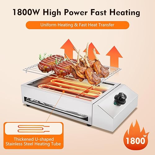 Miniatura 6 de Parrilla eléctrica de barbacoa de 1800 W, parrilla de horno de barbacoa de acero inoxidable, sin humo, antiadherente con temperatura ajustable de