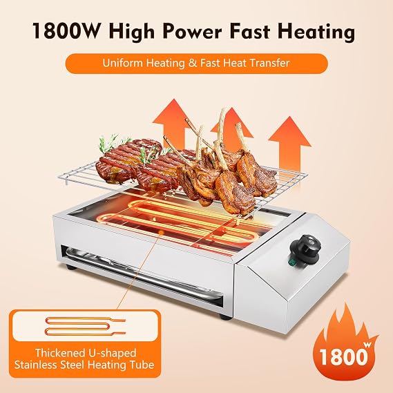 1800w Countertop Electric BBQ Grill Electric Griddle Commercial and Home Use Stainless Steel Barbecue Griddle Portable Smokeless Barbecue Oven Griddle for BBQ Equipment Indoor/Outdoor