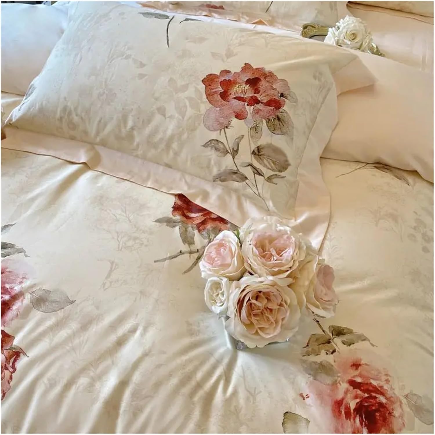 French V-intage Rose Print Bedding Sets 1000TC Egyptian Cotton Soft Silky Flower Pattern Duvet Cover Set Bed Sheets Pillowcases,Bed