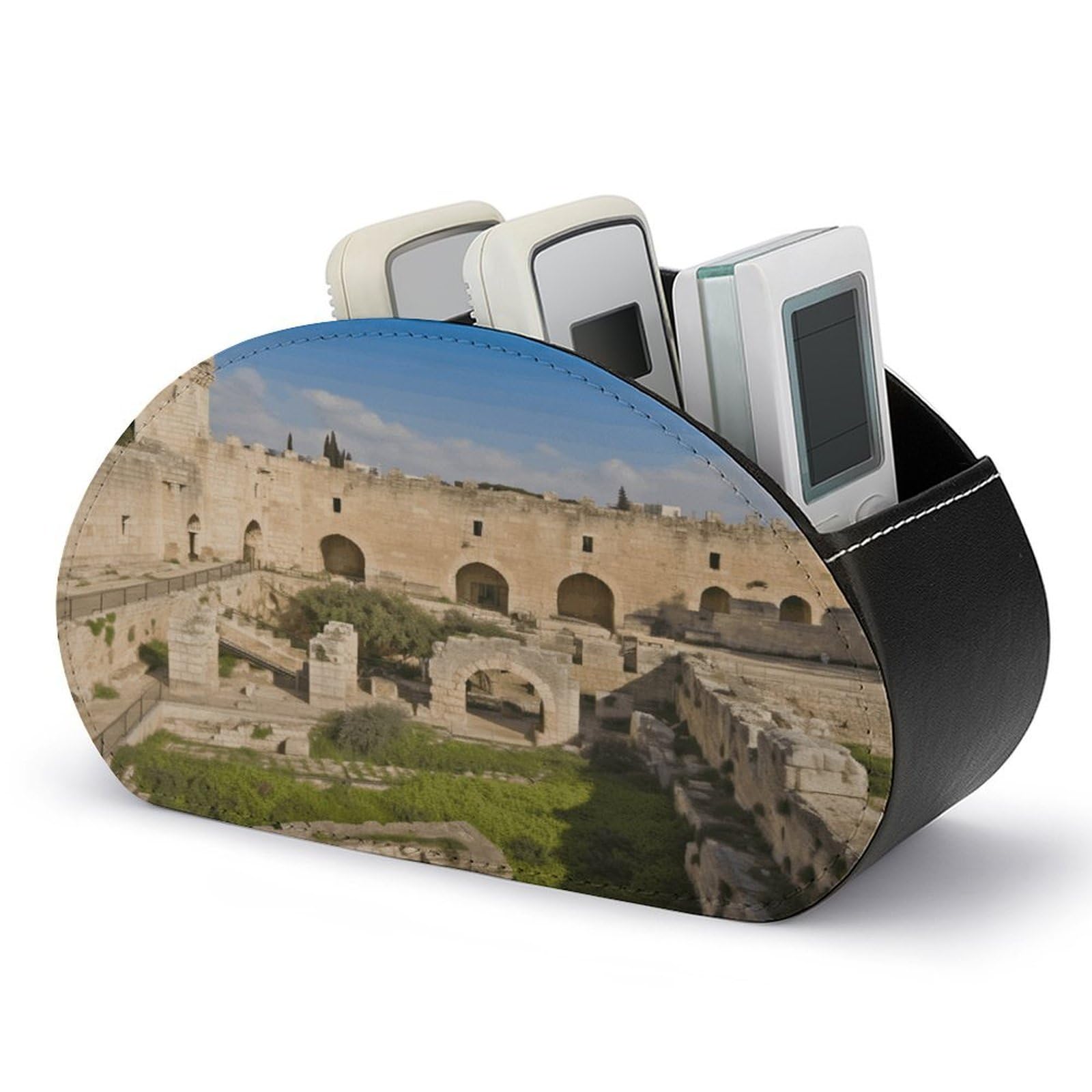 VstaDank Israel at The Tower of David Remote Control Holder with 5 Compartments Pu Leather TV Remote Caddy Storage Box Desktop Organizer Store Controller DVD Brush Pens Glasses&Office Supplies