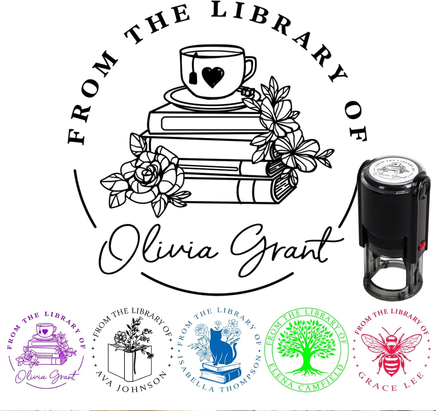 Personalized Book Stamp 4 Sizes - 5 Ink Color (Flowers 1)