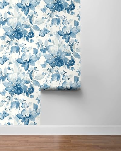 Miniatura 8 de NextWall Papel tapiz de flores de acuarela para despegar y pegar piedra azul