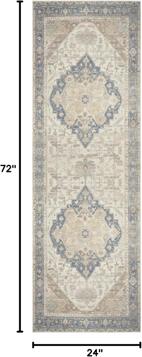 Nourison Home Vintage Washables Blue Green 2' x 6' Area Rug - Easy Clean, Non Shedding, Bed Room, Living Room, Dining Room, Kitchen (6' Runner)