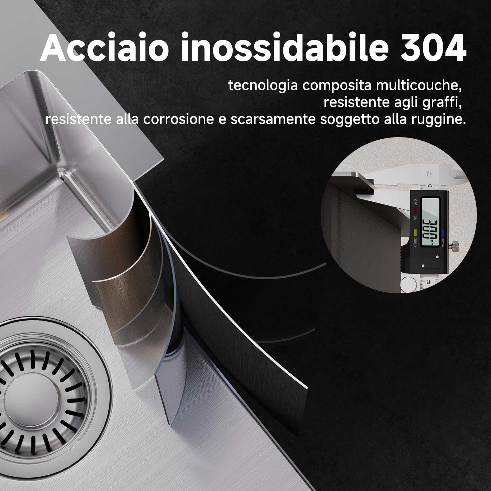 CECIPA Lavello Cucina 1 Vasca 30 x 45cm, Lavandino Cucina in Acciaio Inox quadrato, Lavabo Piccolo Montaggio Incasso o Superiore, Superficie Spazzolata, con Sifone